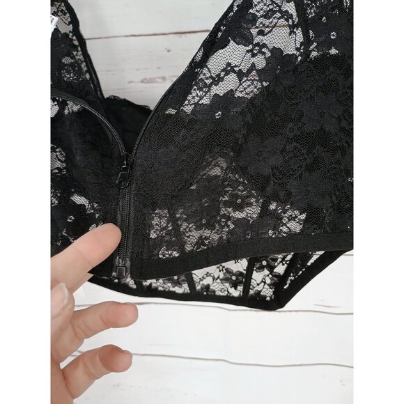 Faded Rose Black Sheer Lace Bustier Crop Top With Cap Sleeves & Back Zipper Clos - Picture 9 of 15